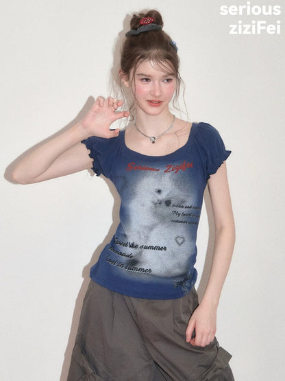 Cat Print Puff Sleeve U-Neck Slimming Deep Blue Short Sleeve T-Shirt【s0000017587】