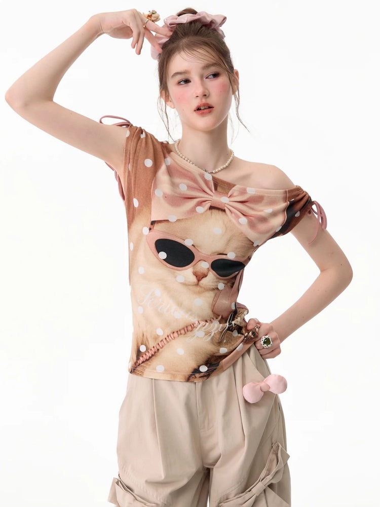 Polka Dot Cat Print Tie Off-Shoulder Pink Short Sleeve T-Shirt【s0000017588】