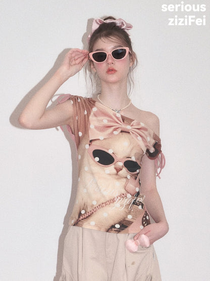 Polka Dot Cat Print Tie Off-Shoulder Pink Short Sleeve T-Shirt【s0000017588】