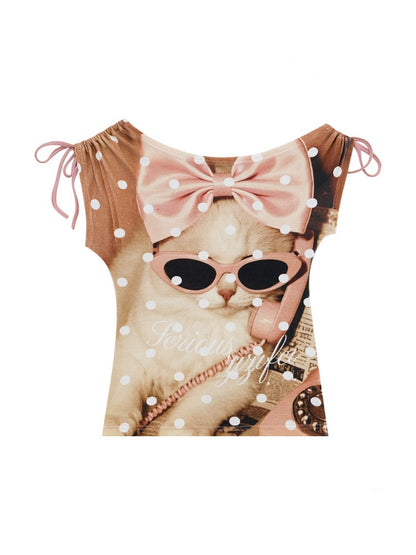 Polka Dot Cat Print Tie Off-Shoulder Pink Short Sleeve T-Shirt【s0000017588】