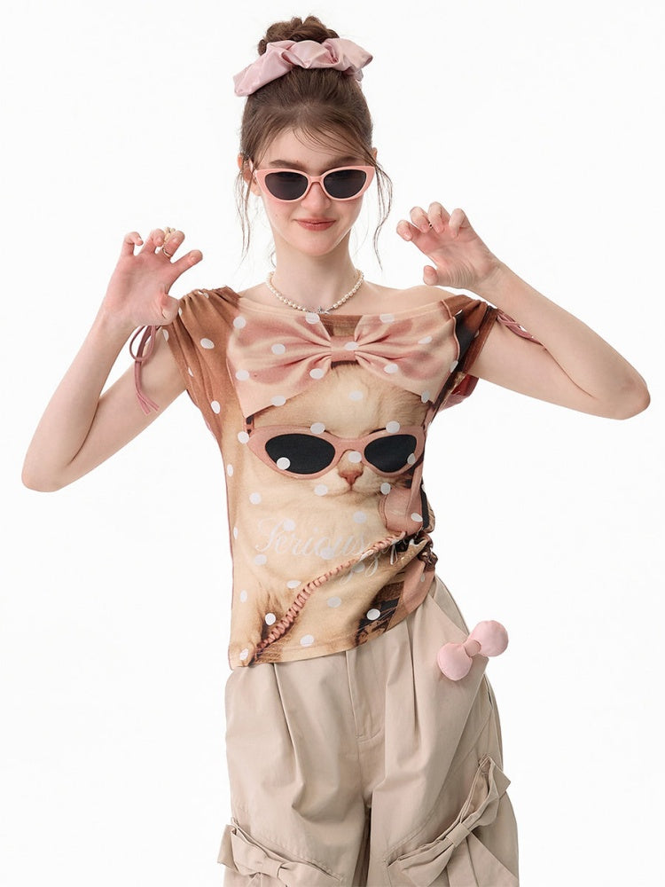 Polka Dot Cat Print Tie Off-Shoulder Pink Short Sleeve T-Shirt【s0000017588】