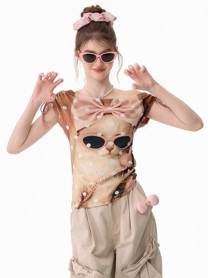 Polka Dot Cat Print Tie Off-Shoulder Pink Short Sleeve T-Shirt【s0000017588】