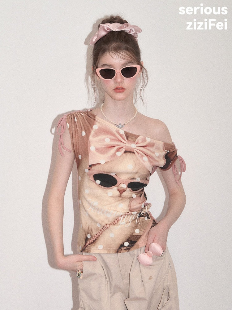 Polka Dot Cat Print Tie Off-Shoulder Pink Short Sleeve T-Shirt【s0000017588】