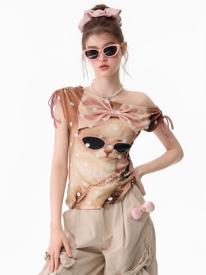Polka Dot Cat Print Tie Off-Shoulder Pink Short Sleeve T-Shirt【s0000017588】