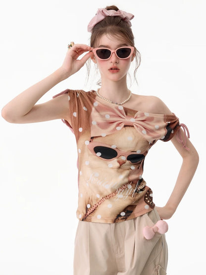 Polka Dot Cat Print Tie Off-Shoulder Pink Short Sleeve T-Shirt【s0000017588】