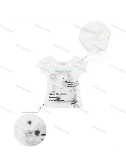 Cat Print Puff Sleeve U-Neck Slimming White Short-Sleeve T-Shirt【s0000017589】
