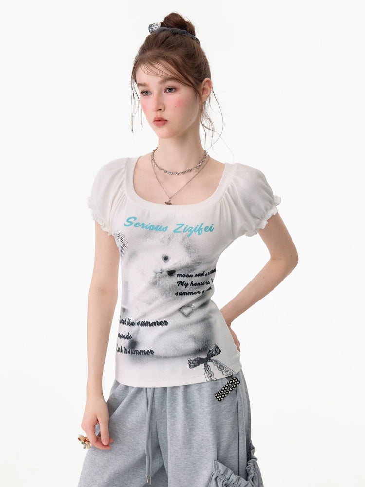 Cat Print Puff Sleeve U-Neck Slimming White Short-Sleeve T-Shirt【s0000017589】
