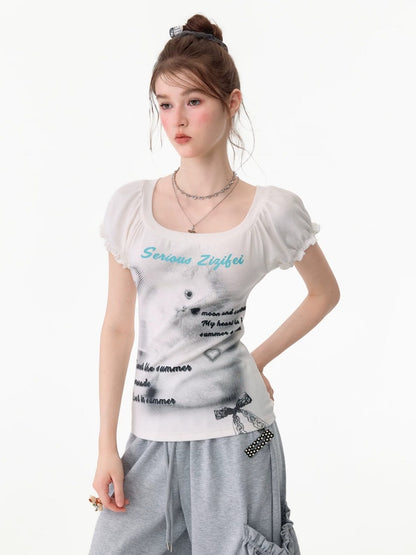 Cat Print Puff Sleeve U-Neck Slimming White Short-Sleeve T-Shirt【s0000017589】