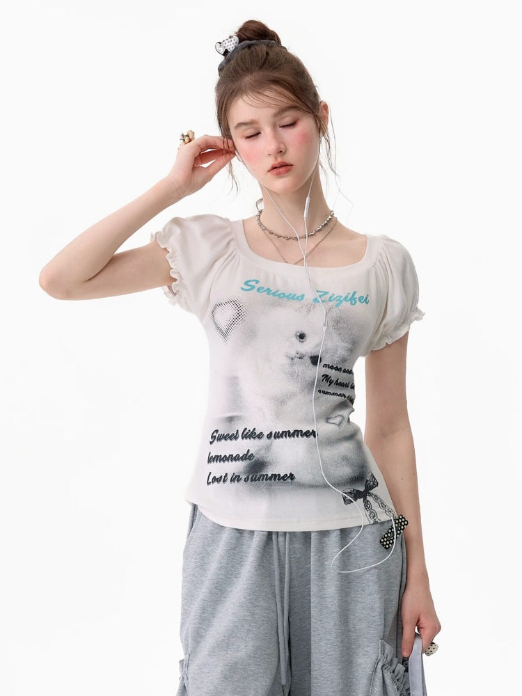 Cat Print Puff Sleeve U-Neck Slimming White Short-Sleeve T-Shirt【s0000017589】
