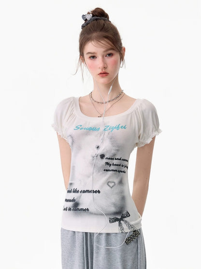 Cat Print Puff Sleeve U-Neck Slimming White Short-Sleeve T-Shirt【s0000017589】