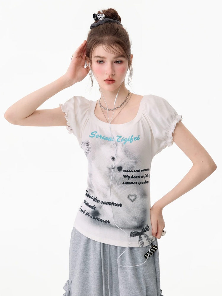 Cat Print Puff Sleeve U-Neck Slimming White Short-Sleeve T-Shirt【s0000017589】