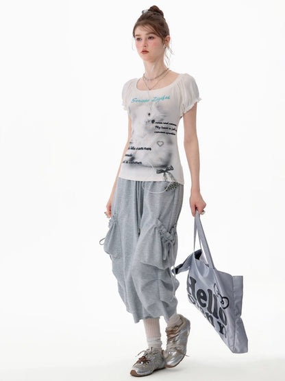 Cat Print Puff Sleeve U-Neck Slimming White Short-Sleeve T-Shirt【s0000017589】
