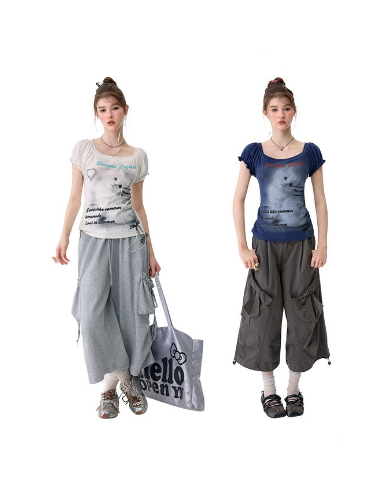 Cat Print Puff Sleeve U-Neck Slimming White Short-Sleeve T-Shirt【s0000017589】