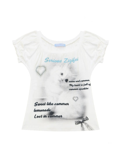 Cat Print Puff Sleeve U-Neck Slimming White Short-Sleeve T-Shirt【s0000017589】