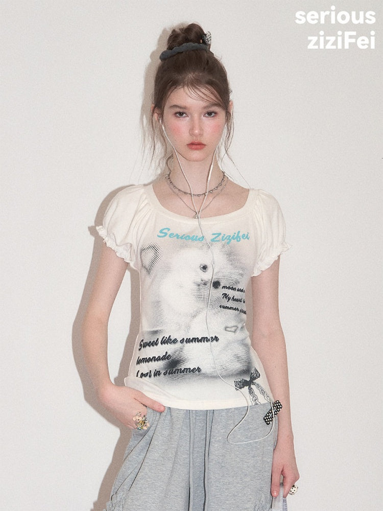 Cat Print Puff Sleeve U-Neck Slimming White Short-Sleeve T-Shirt【s0000017589】