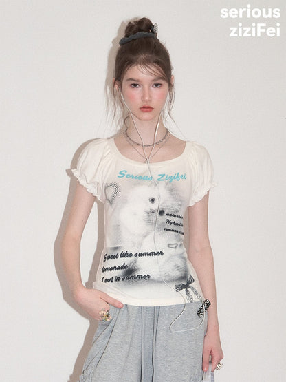 Cat Print Puff Sleeve U-Neck Slimming White Short-Sleeve T-Shirt【s0000017589】