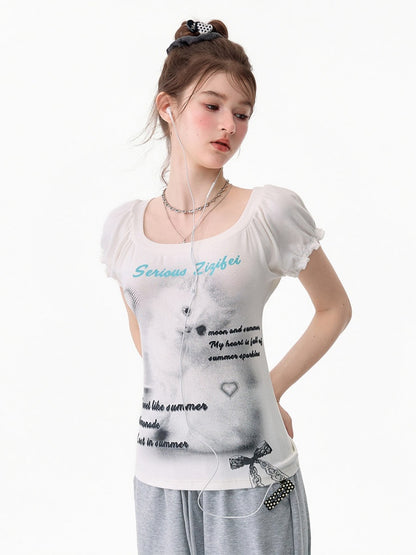 Cat Print Puff Sleeve U-Neck Slimming White Short-Sleeve T-Shirt【s0000017589】
