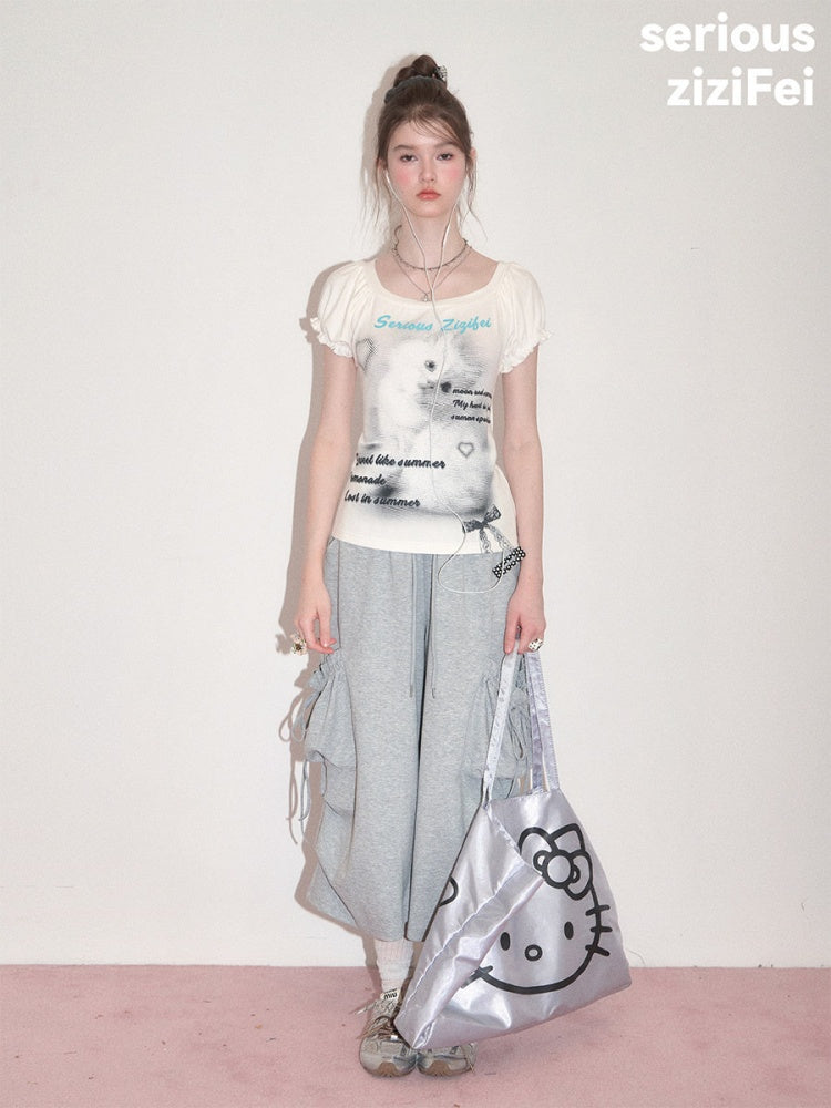 Cat Print Puff Sleeve U-Neck Slimming White Short-Sleeve T-Shirt【s0000017589】