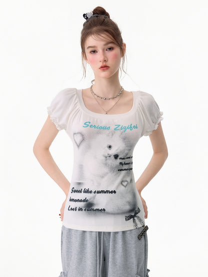 Cat Print Puff Sleeve U-Neck Slimming White Short-Sleeve T-Shirt【s0000017589】