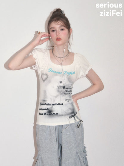 Cat Print Puff Sleeve U-Neck Slimming White Short-Sleeve T-Shirt【s0000017589】