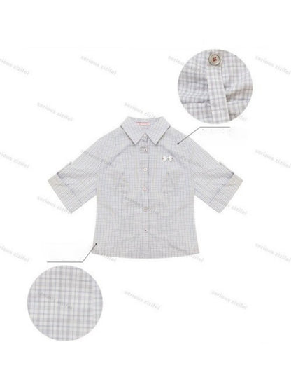 Light Gray Plaid Vintage Atmosphere Slimming Short-Sleeve Shirt【s0000017590】