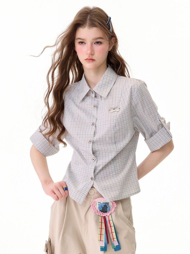 Light Gray Plaid Vintage Atmosphere Slimming Short-Sleeve Shirt【s0000017590】