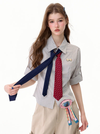 Light Gray Plaid Vintage Atmosphere Slimming Short-Sleeve Shirt【s0000017590】