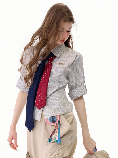 Light Gray Plaid Vintage Atmosphere Slimming Short-Sleeve Shirt【s0000017590】