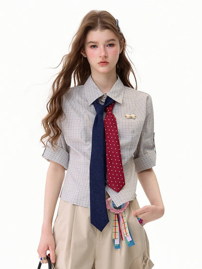 Light Gray Plaid Vintage Atmosphere Slimming Short-Sleeve Shirt【s0000017590】
