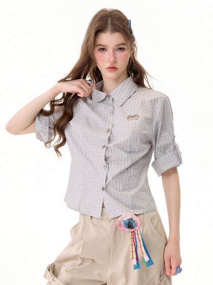 Light Gray Plaid Vintage Atmosphere Slimming Short-Sleeve Shirt【s0000017590】