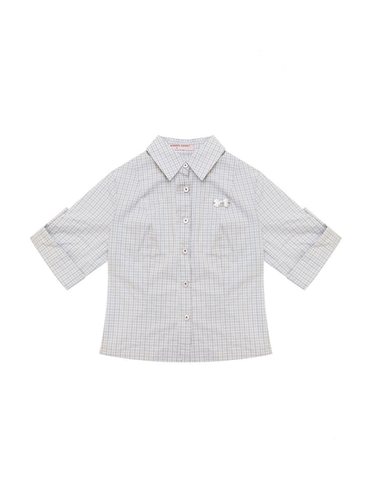 Light Gray Plaid Vintage Atmosphere Slimming Short-Sleeve Shirt【s0000017590】