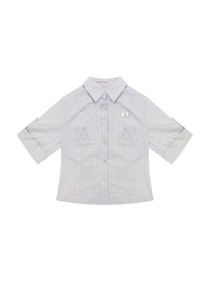 Light Gray Plaid Vintage Atmosphere Slimming Short-Sleeve Shirt【s0000017590】