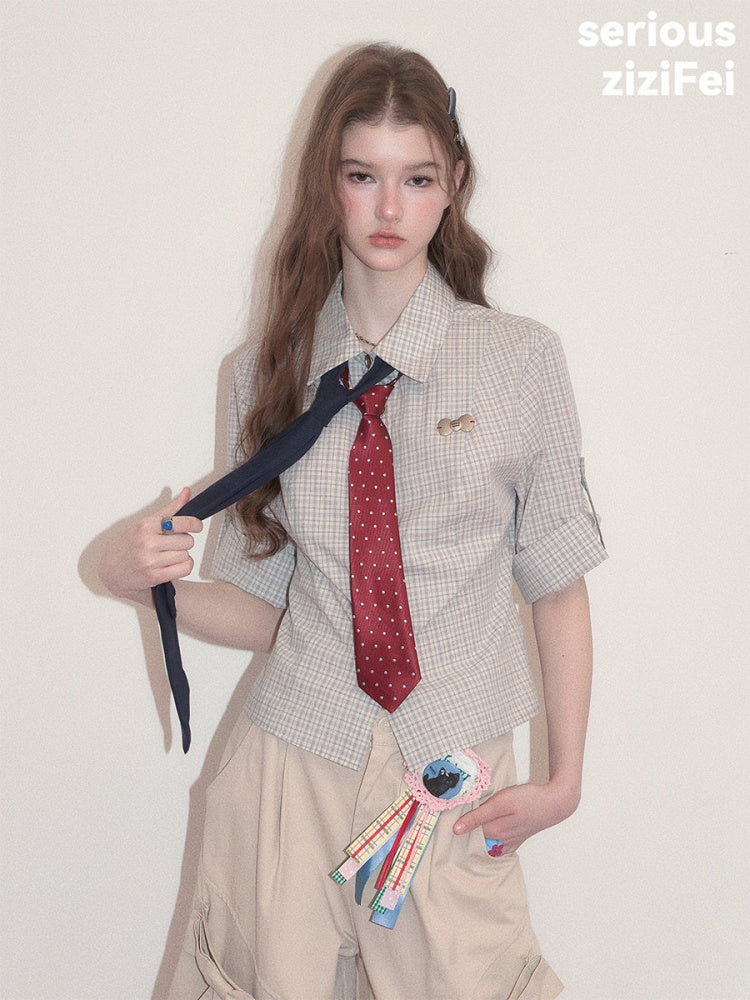 Light Gray Plaid Vintage Atmosphere Slimming Short-Sleeve Shirt【s0000017590】
