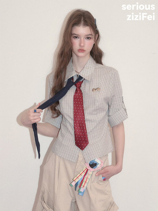Light Gray Plaid Vintage Atmosphere Slimming Short-Sleeve Shirt【s0000017590】