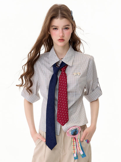 Light Gray Plaid Vintage Atmosphere Slimming Short-Sleeve Shirt【s0000017590】
