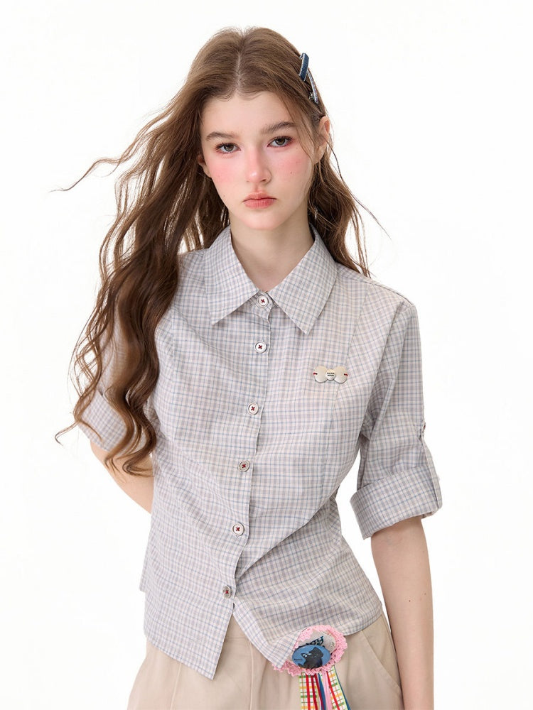 Light Gray Plaid Vintage Atmosphere Slimming Short-Sleeve Shirt【s0000017590】