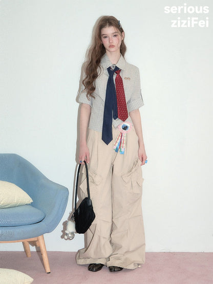 Light Gray Plaid Vintage Atmosphere Slimming Short-Sleeve Shirt【s0000017590】