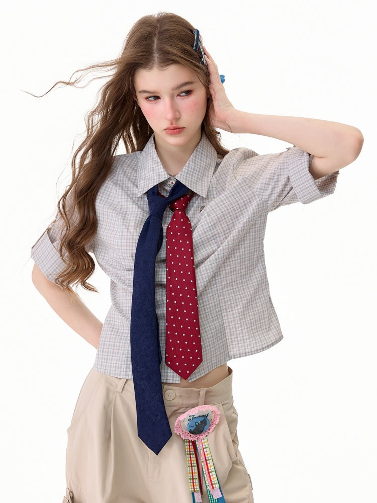 Light Gray Plaid Vintage Atmosphere Slimming Short-Sleeve Shirt【s0000017590】