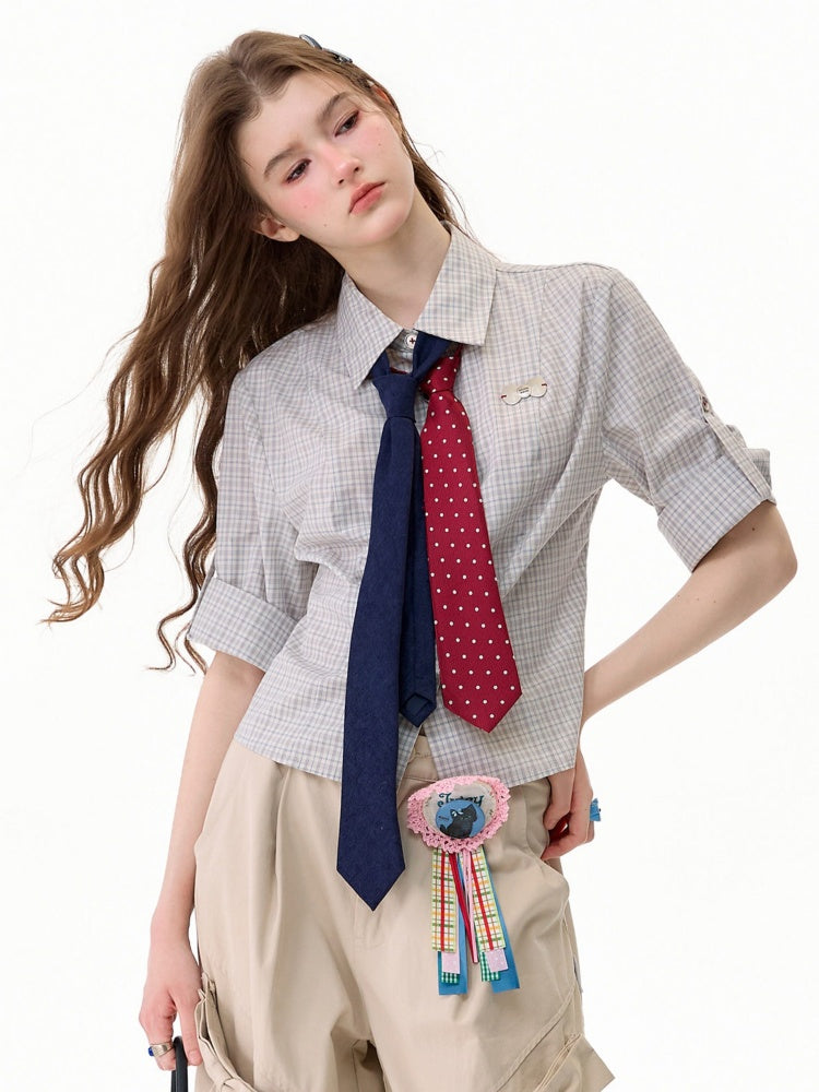 Light Gray Plaid Vintage Atmosphere Slimming Short-Sleeve Shirt【s0000017590】
