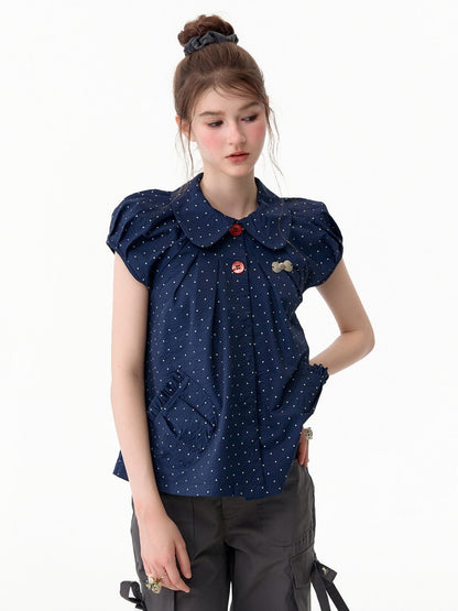 Vintage Doll Collar Polka Dot Deep Blue Short-Sleeved Shirt【s0000017591】