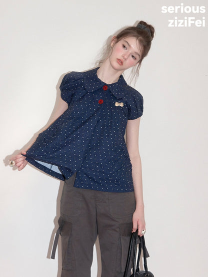 Vintage Doll Collar Polka Dot Deep Blue Short-Sleeved Shirt【s0000017591】