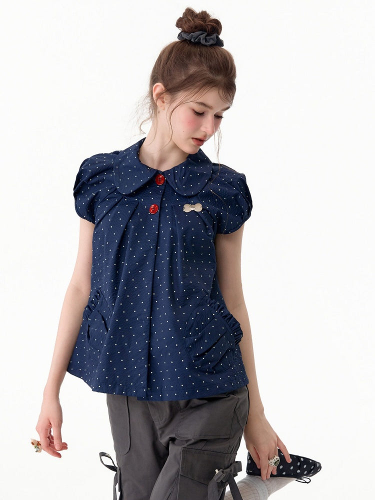 Vintage Doll Collar Polka Dot Deep Blue Short-Sleeved Shirt【s0000017591】