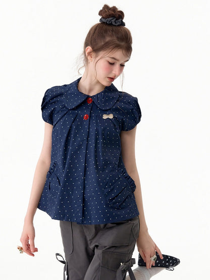 Vintage Doll Collar Polka Dot Deep Blue Short-Sleeved Shirt【s0000017591】