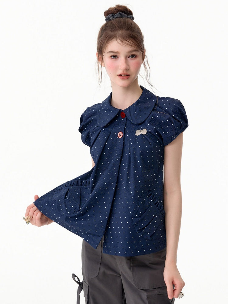 Vintage Doll Collar Polka Dot Deep Blue Short-Sleeved Shirt【s0000017591】
