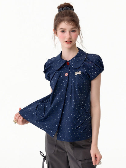 Vintage Doll Collar Polka Dot Deep Blue Short-Sleeved Shirt【s0000017591】