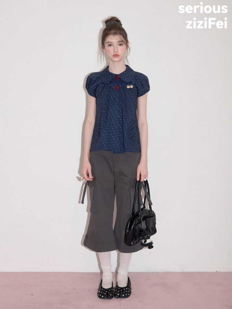 Vintage Doll Collar Polka Dot Deep Blue Short-Sleeved Shirt【s0000017591】