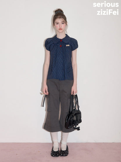 Vintage Doll Collar Polka Dot Deep Blue Short-Sleeved Shirt【s0000017591】