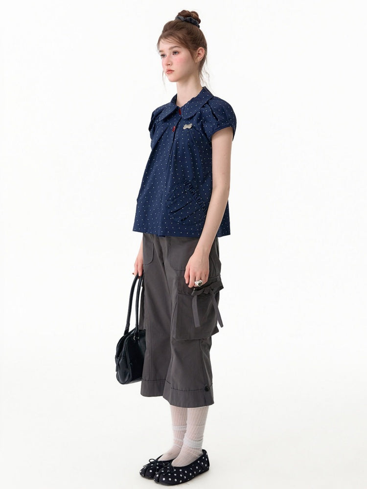 Vintage Doll Collar Polka Dot Deep Blue Short-Sleeved Shirt【s0000017591】