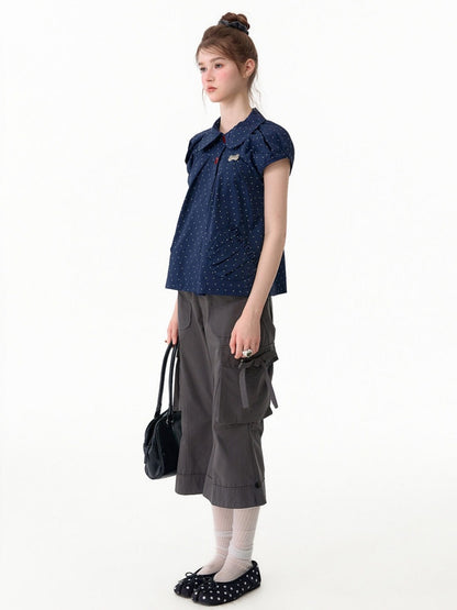 Vintage Doll Collar Polka Dot Deep Blue Short-Sleeved Shirt【s0000017591】