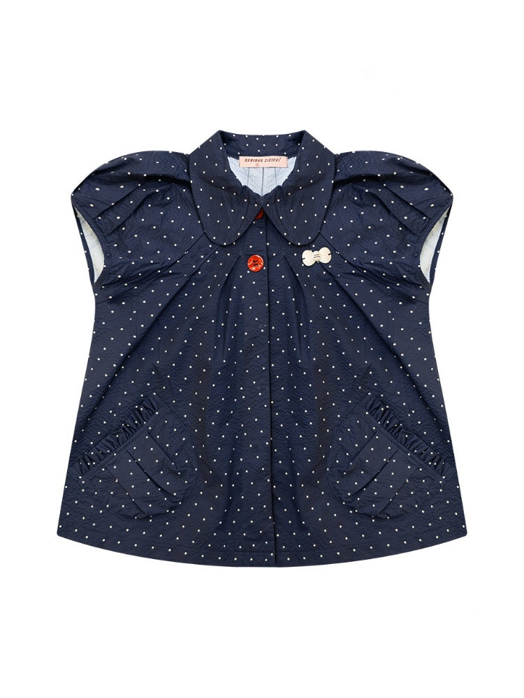 Vintage Doll Collar Polka Dot Deep Blue Short-Sleeved Shirt【s0000017591】